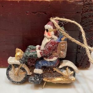 Sunglass Sparkly Santa on motorcycle ornament